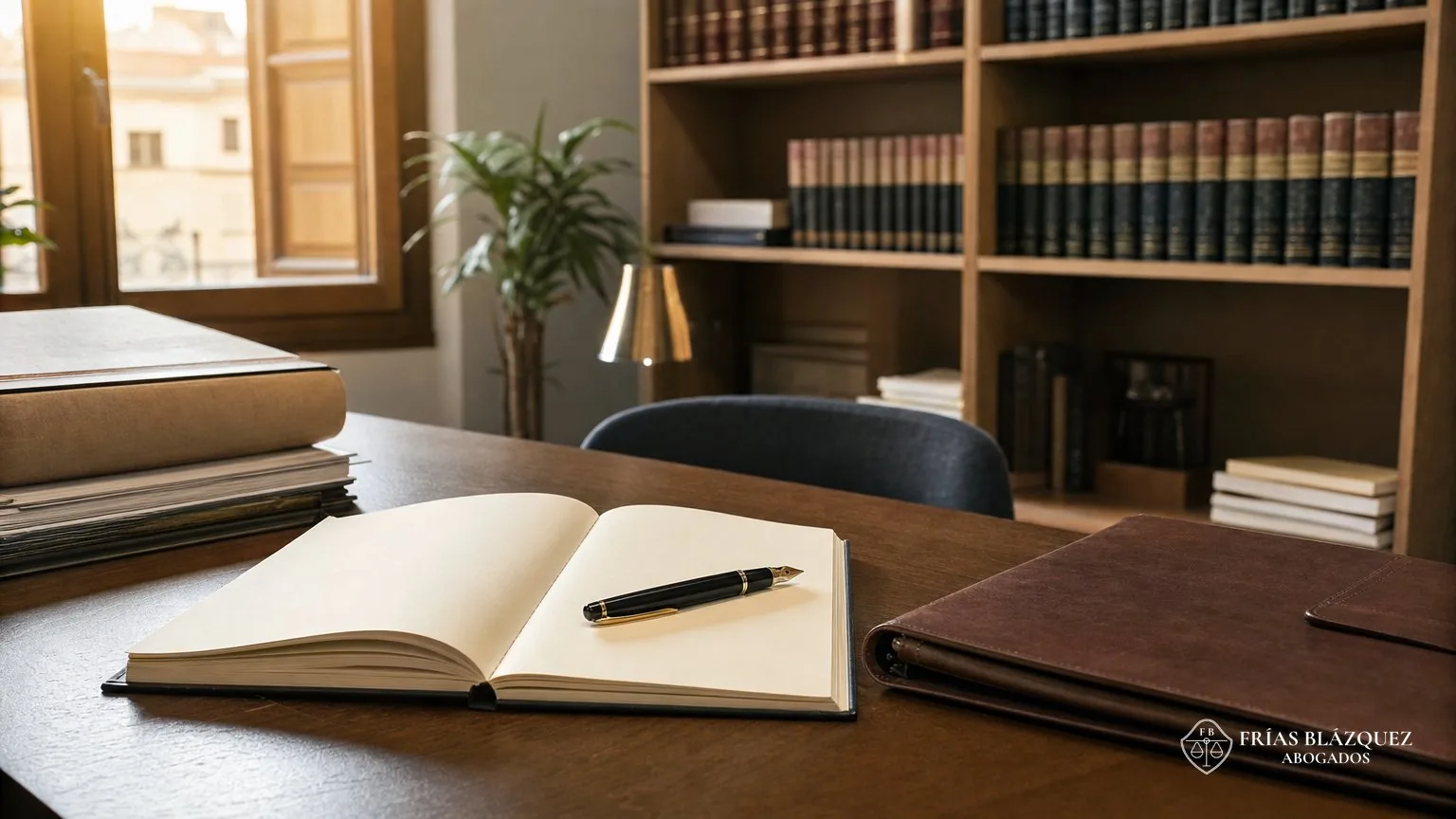 Documentos y una pluma sobre un escritorio de madera en un despacho de abogados